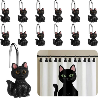 12个动物主题不锈钢防锈树脂手绘黑猫装饰浴帘挂钩