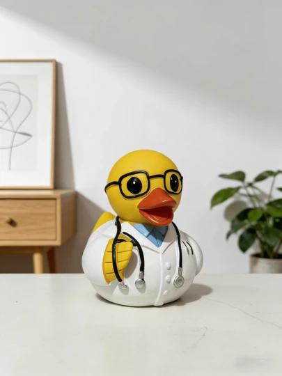 1 pièce Canard en caoutchouc jaune de style médical intéressant, en résine, conçu avec des lunettes et un manteau blanc, convient pour la maison, le salon, le bureau, cadeau pour les étudiants en médecine et les amis