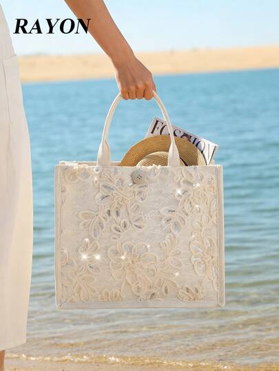 1个米色蕾丝花卉亮片刺绣女士手提包，大容量托特包，亚麻底，适合沙滩、旅行、度假、休闲使用、收纳和购物。