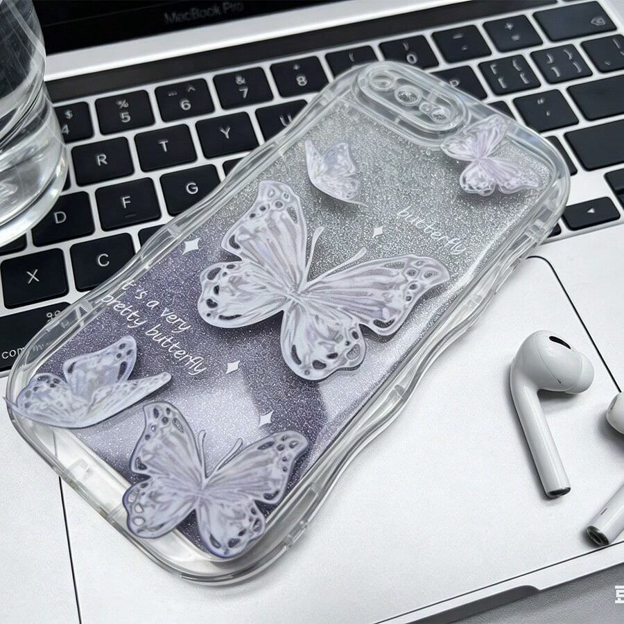 蓝色蝴蝶亮片透明手机壳,适用于苹果17英寸、11英寸、14英寸手机,波浪气泡图案,防摔保护壳,13英寸手机壳 - 紫色 - 查看 1