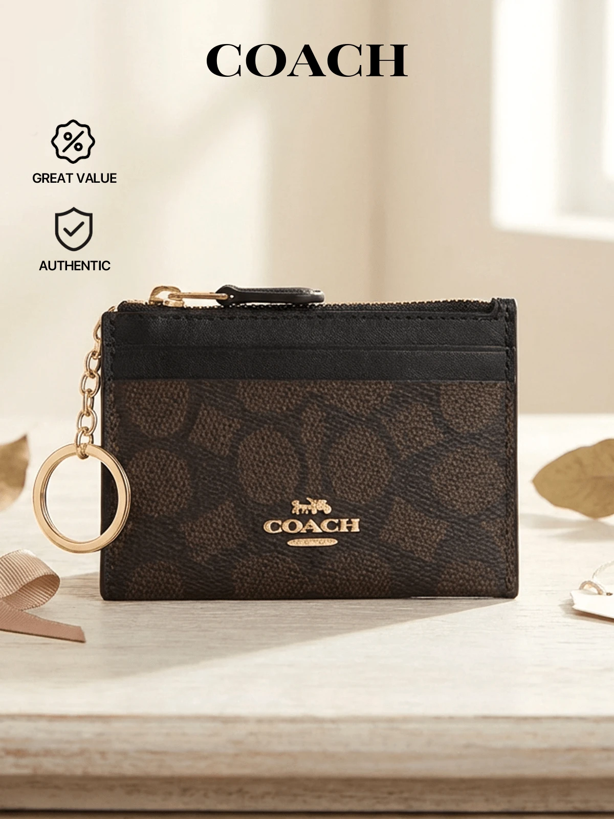 Authentic Mini Skinny Women's ID Case Card Holder Walnut/Black CW870IMXAQ | Signature Canvas Zip Closure Multiple Card Slots ID Window Compact Daily Travel Gift For Her | Designer Mother's Day Present - Perfect Card Case Gift For Her - Walnut Black - View 1