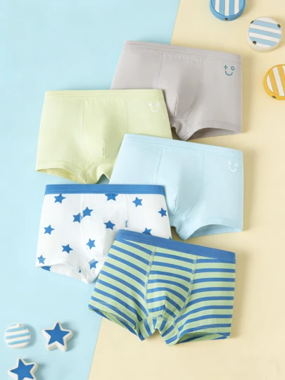 Balabala 5pcs Boys' Premium Cotton Briefs, Patterned & Solid Colors, Classic Design