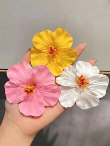 3pcs Hawaiian Style Artificial Hibiscus Flower Hair Clips - Suitable For Summer Parties, Beach Weddings, Etc. - 10 Mixed Colors (Pink, White, Yellow, Red, Blue, Purple),Holiday,Travel - Multicolor - View 2