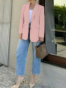 Women's Fashionable & Elegant Casual Blazer Jacket With Button Closure And Notched Lapel, Suitable For Commuting And Everyday Casual Wear Pink Spring - Pink - View 6