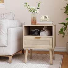 Vine Bedside Table, Bohemian Bedside Table With Open Shelf, Modern Medieval Bedside Table With Gold Handle, 45 X 40 X 55 Cm, 1 Piece - Natural Color - View 4