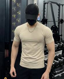 Men's Plain Short-Sleeve T-Shirt With Elastane, Viscose Lycra Knit - 卡其色 - 查看 2