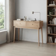 Desk, Mid-Century Modern Console Table With Drawers, Retro Reception Table With Open Shelves, Modern Coffee Table For Living Room, Foyer And Hallway - Oak - View 3