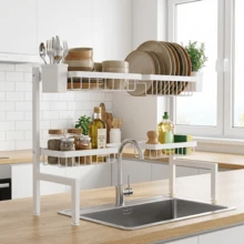 Adjustable Over The Sink Dish Drying Rack, Multifunctional Kitchen Sink Organizer With Multiple Storage Baskets - White - View 6