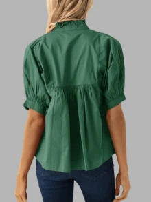 Women's Puff Sleeve V Neck Peplum Blouse Pleated Babydoll Loose Fit Casual Shirt - Dark Green - View 3
