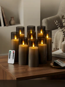 2/3/5/9pcs LED Pillar Candles With Remote Control, Movable Wick, Suitable For Home Decor, Table Centerpiece, Wedding, Holiday, Party Decoration - 灰色 - 查看 1
