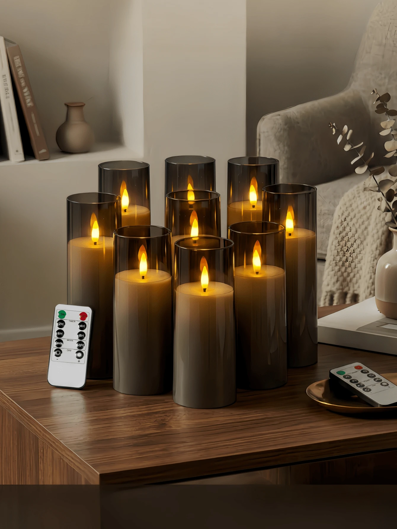 2/3/5/9pcs LED Pillar Candles With Remote Control, Movable Wick, Suitable For Home Decor, Table Centerpiece, Wedding, Holiday, Party Decoration - 灰色 - 查看 1