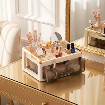Hộp đựng mỹ phẩm một lớp, hộp đựng đồ dùng văn phòng phẩm để bàn, thích hợp cho mỹ phẩm và văn phòng phẩm, giải pháp trang điểm tại nhà và văn phòng, thiết kế ngăn chứa tiện dụng để quản lý đồ dùng làm đẹp và văn phòng phẩm.