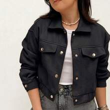 Women's Short Jacket With Long Sleeves And Buttons, Thick, Warm, And Soft Wool - Black - View 1