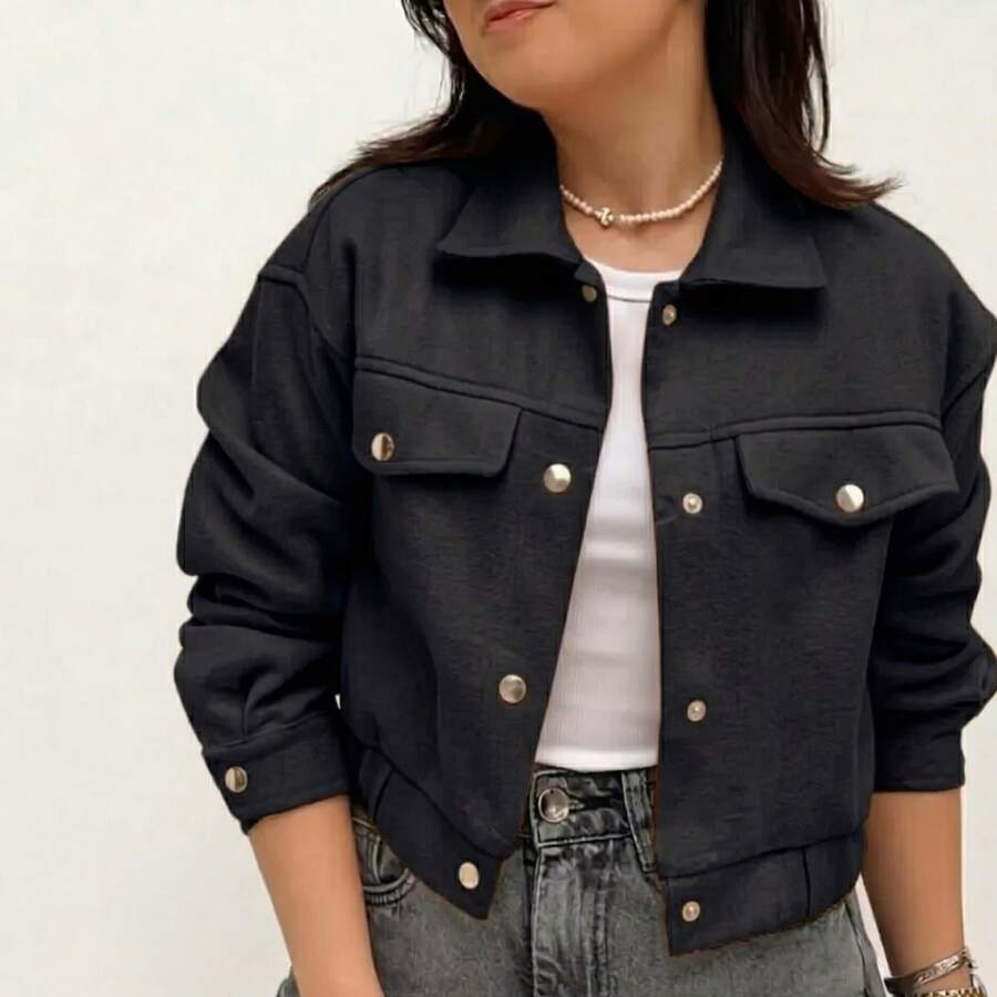 Women's Short Jacket With Long Sleeves And Buttons, Thick, Warm, And Soft Wool - Black - View 1