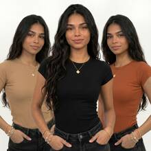 Set Of 3 Basic Ribbed Knit Blouses For Women, Babylook Premium Casual Everyday Wear - 赤陶色 + 黑色 + 米色 - 查看 14