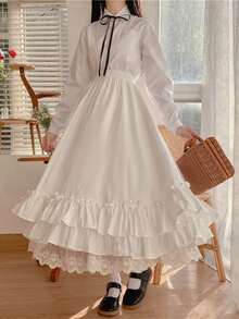 1件复古校园风超仙女蝴蝶结蕾丝层叠荷叶边高腰半身裙，适合毕业照、主题派对、浪漫晚餐、夜店装扮、下午茶约会、情人节等场合。 - 彩色 - 查看 16