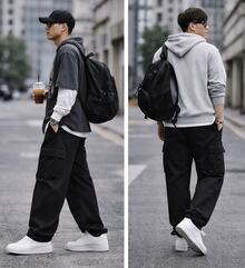 MEN'S CARGO STREET PANTS DARK KHAKI Cargo Twill With Elastics - màu đen - Xem 1