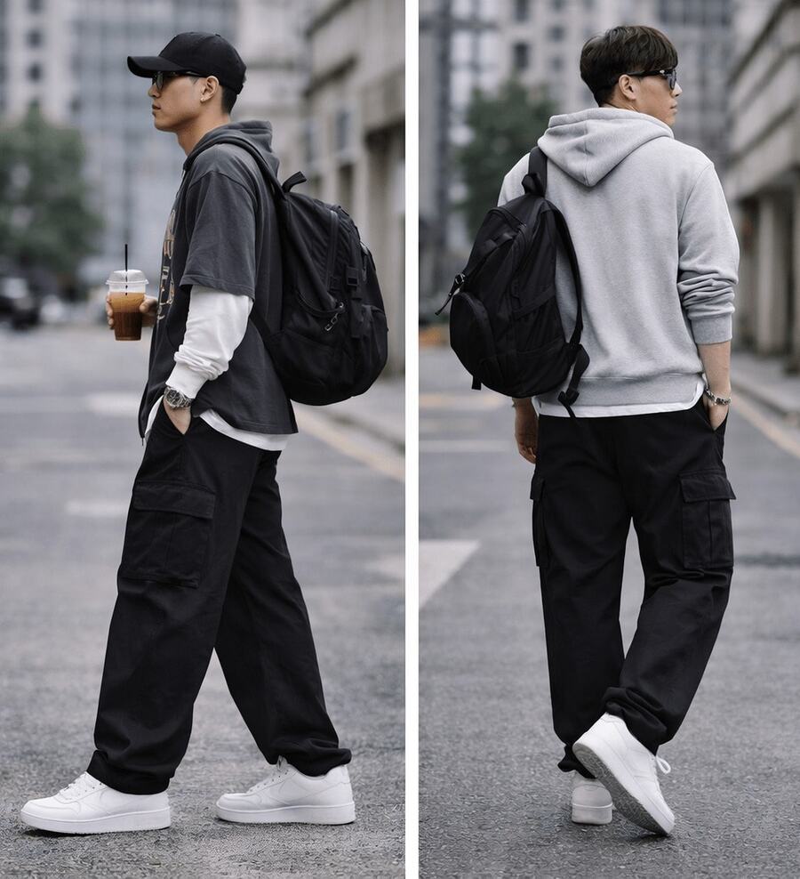 MEN'S CARGO STREET PANTS DARK KHAKI Cargo Twill With Elastics - màu đen - Xem 1