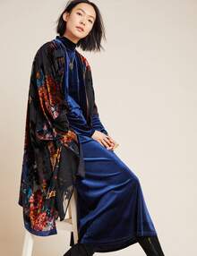 WeHello-Burnout Velvet Kimono For Women Long Cardigan Beach Cover Up Vacation Casual Shawl Swimwear Coverups Clothes Outfit Womenswear Chic Party Piece SpringStatements - xanh quân đội - Xem 2