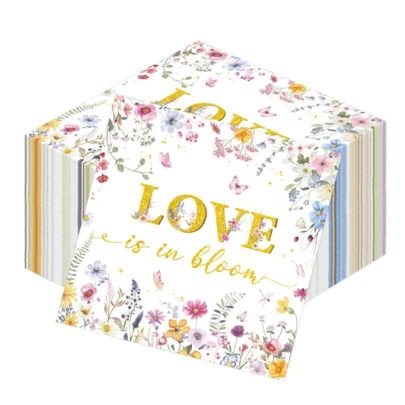 Love In Bloom Floral Bridal Shower Napkins, 100PCS Wildflower Flower Themed Bridal Shower Paper Napkins Party Decorations, Floral Engagement Wedding Napkin Decor