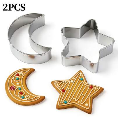 2 PIEZAS Molde para galletas en forma de estrella y luna de acero inoxidable, molde para hornear, cortar galletas y frutas, adecuado para actividades DIY como hacer galletas y cortar frutas, y es una herramienta de hornear imprescindible para muchas festividades