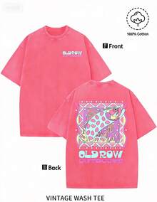 2026 Men's Washed Pure Cotton Short Sleeve T-Shirt Old Row Colorful Trout Outdoor Print  Vintage Top High-Quality Fashionable Soft Comfortable Daily Wear Party Creative Gift, High-Quality Wax Printed Cotton Retro Fashion Brand T-Shirt, Men's T-Shirt, Beach Must-Have, Men's Summer T-Shirt, Holiday Gift, Perfect Gift, Valentine's Day Gift - 玫紅色 - 查看 1