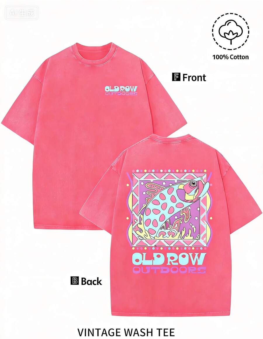 2026 Men's Washed Pure Cotton Short Sleeve T-Shirt Old Row Colorful Trout Outdoor Print  Vintage Top High-Quality Fashionable Soft Comfortable Daily Wear Party Creative Gift, High-Quality Wax Printed Cotton Retro Fashion Brand T-Shirt, Men's T-Shirt, Beach Must-Have, Men's Summer T-Shirt, Holiday Gift, Perfect Gift, Valentine's Day Gift - 玫紅色 - 查看 1