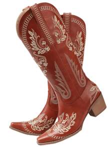 Stylish Red Cowgirl Outfits For Women Knee High Exquisite Country Concert Embroidery Pointed Toe Half Side Zipper Block Mid Heel Music Festivals Party Bar Concerts Dressy Long Combat Boots For Women - Đỏ - Xem 6