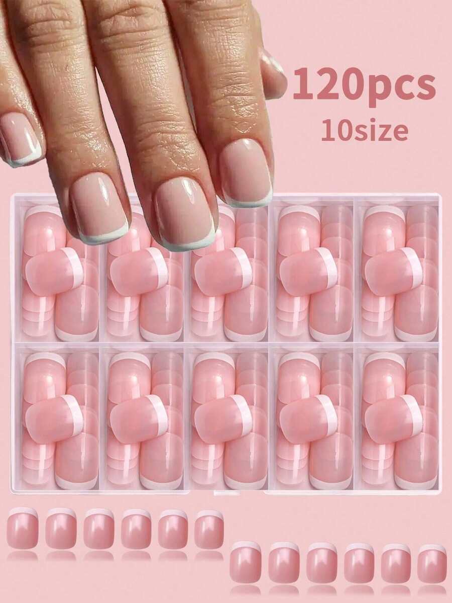 120片粉色短方型法式平滑亮面假指甲，短方型穿戴式壓感指甲，壓克力指甲，適合年輕女孩