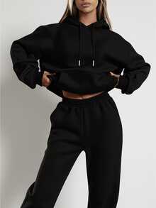 Women's Plain Fleece Set With Kangaroo Pocket And Hood, Flannel Lined, Casual Winter Jacket - màu đen - Xem 9