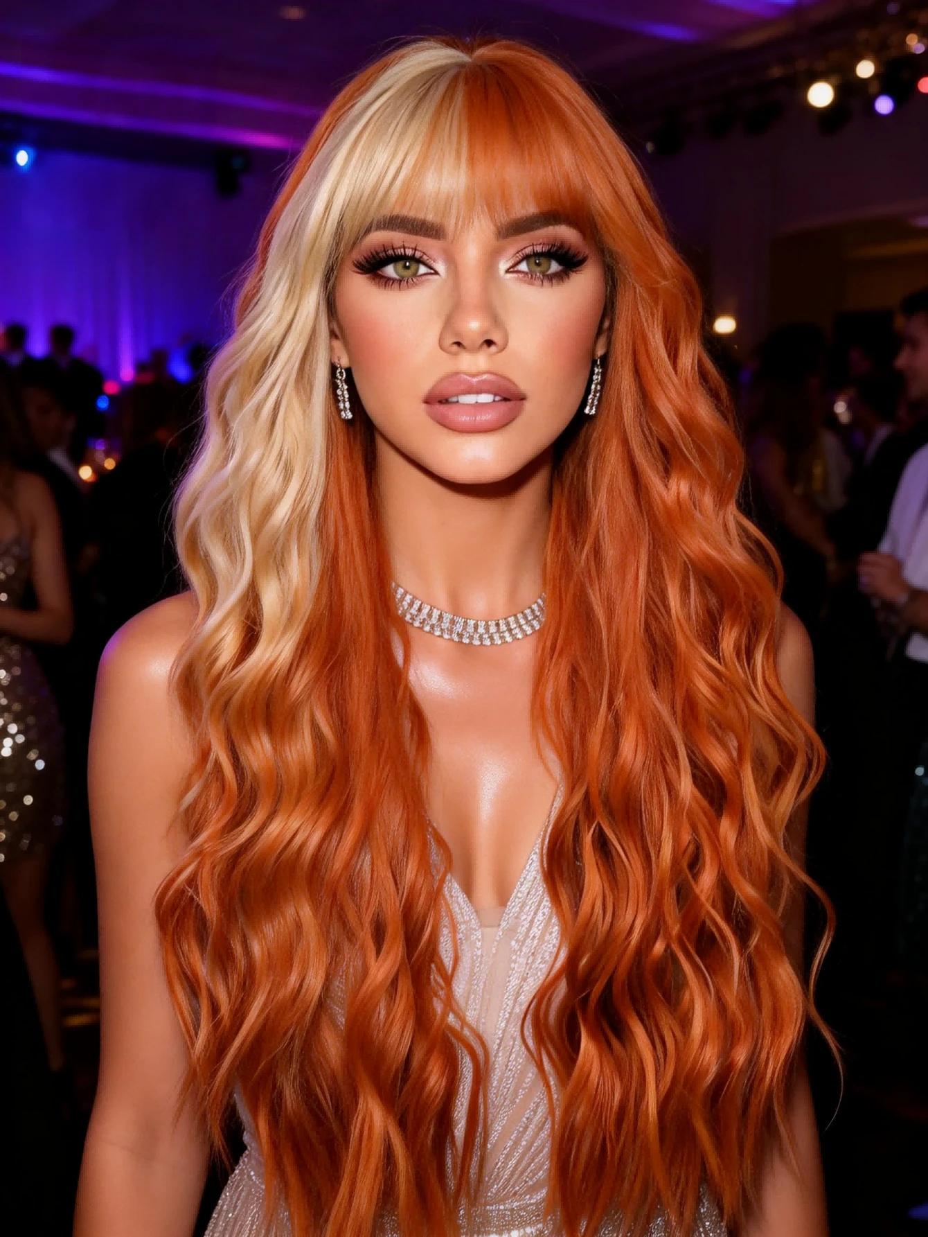 22-Inch Ginger To Golden Yellow Gradient Long Wavy Wig With Bangs | Y2K Dopamine Style Synthetic Hair - Burnt Orange - View 1