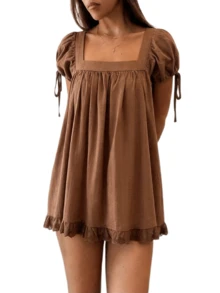 Women Puff Sleeve Babydoll Mini Dress Y2K Lace Trim Ruffle Flowy Dresses Summer Loose Swing Going Out Sundresses - Coffee - View 2