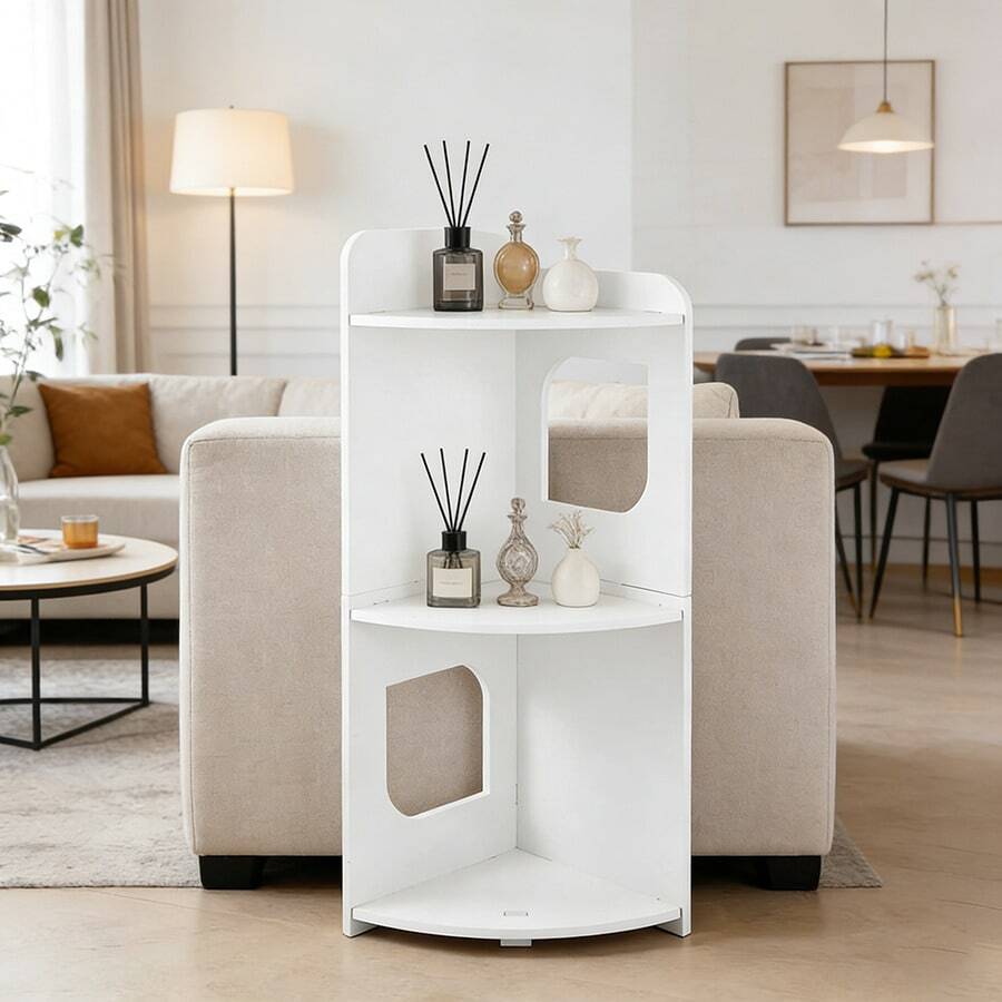 Estantería de esquina de 3 niveles estilo nórdico en color blanco, estantería multifuncional de almacenamiento y exhibición para la sala de estar y la entrada, pequeño gabinete de esquina de 3 niveles con rejilla de PVC - Armario de esquina de rejilla - Ver 1