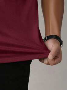 男士夏季短袖椰子树印花连帽T恤，英文文字印花休闲上衣 - 酒紅色 - 查看 3