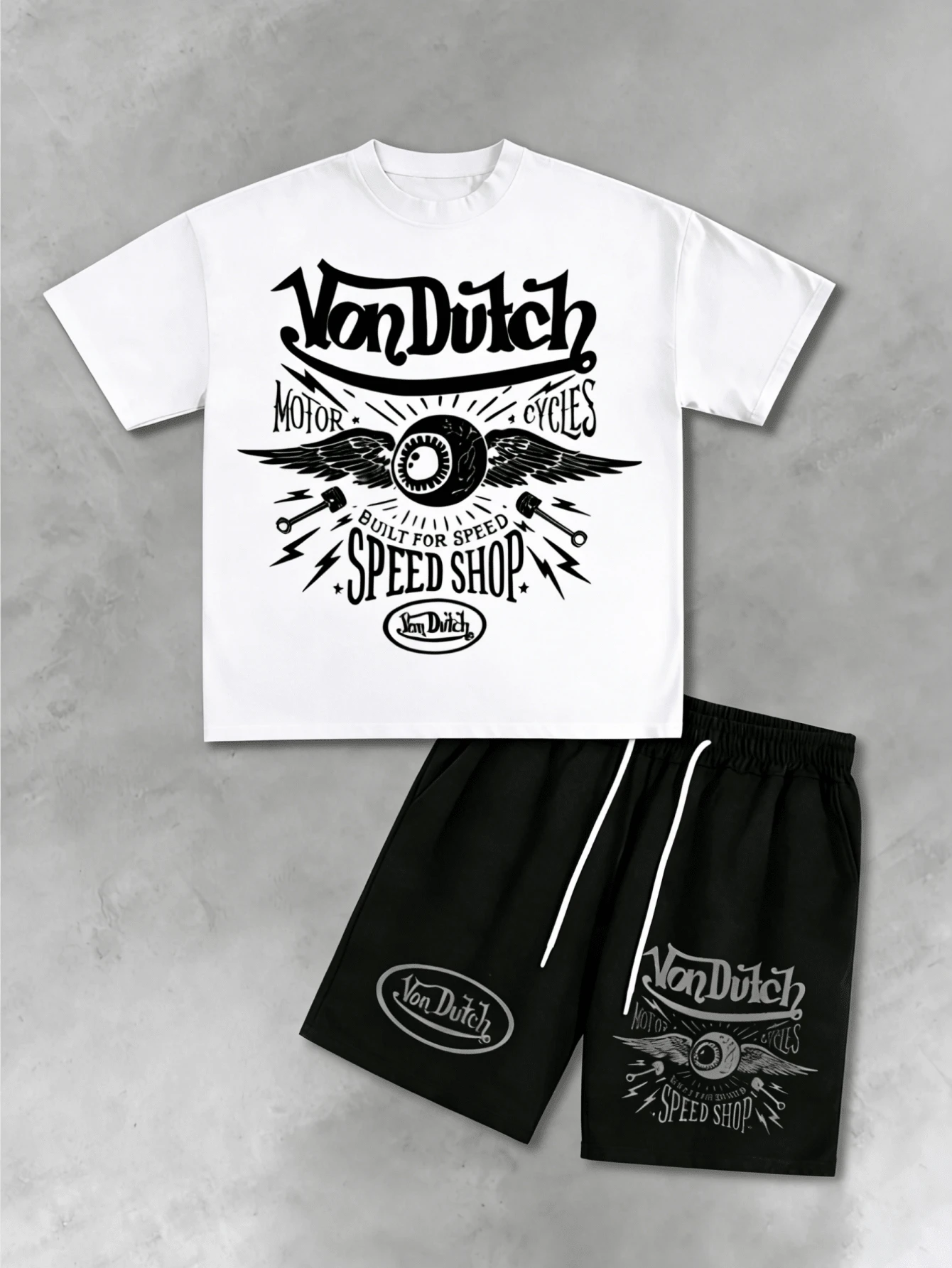 Men's Short‑Sleeve And Shorts Set, Von Dutch Motorcycle Flying Eye Vintage Washed Print Design, Summer Comfortable And Breathable Short‑Sleeve T‑Shirt Top + Shorts (2‑Piece), Sportswear Set, Casual And Versatile - 白+黑 - 查看 1
