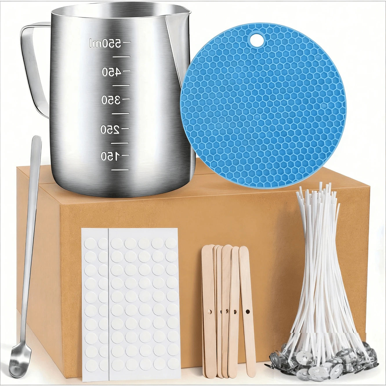 Nồi nấu sáp làm nến 600ml, 100 bấc nến, 100 miếng dán bấc, 10 giá đỡ bấc và miếng đệm chống rung, thích hợp cho nến thơm và các sản phẩm thủ công bằng sáp (Xanh dương-C) - mặc định - Xem 1