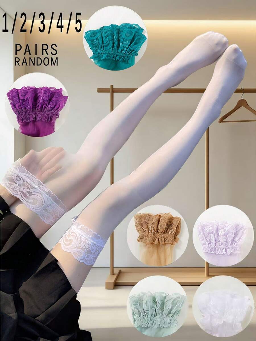 1/2/3/4/5 Pairs Random Women Sexy Lace Trim Solid Color Fashion JK Lolita Thigh High Socks - Multicolor - View 1