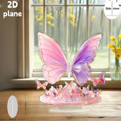 2D Flat - [2D Flat] 2D Flat Single Piece, Dreamy Butterfly And Crystal Flower, 7.87 Inch X 7.09 Inch, Desktop Decor, Traditional Culture Decor, High-Quality Acrylic Material, Christmas Gift, Home Decor, Suitable For Room Decoration