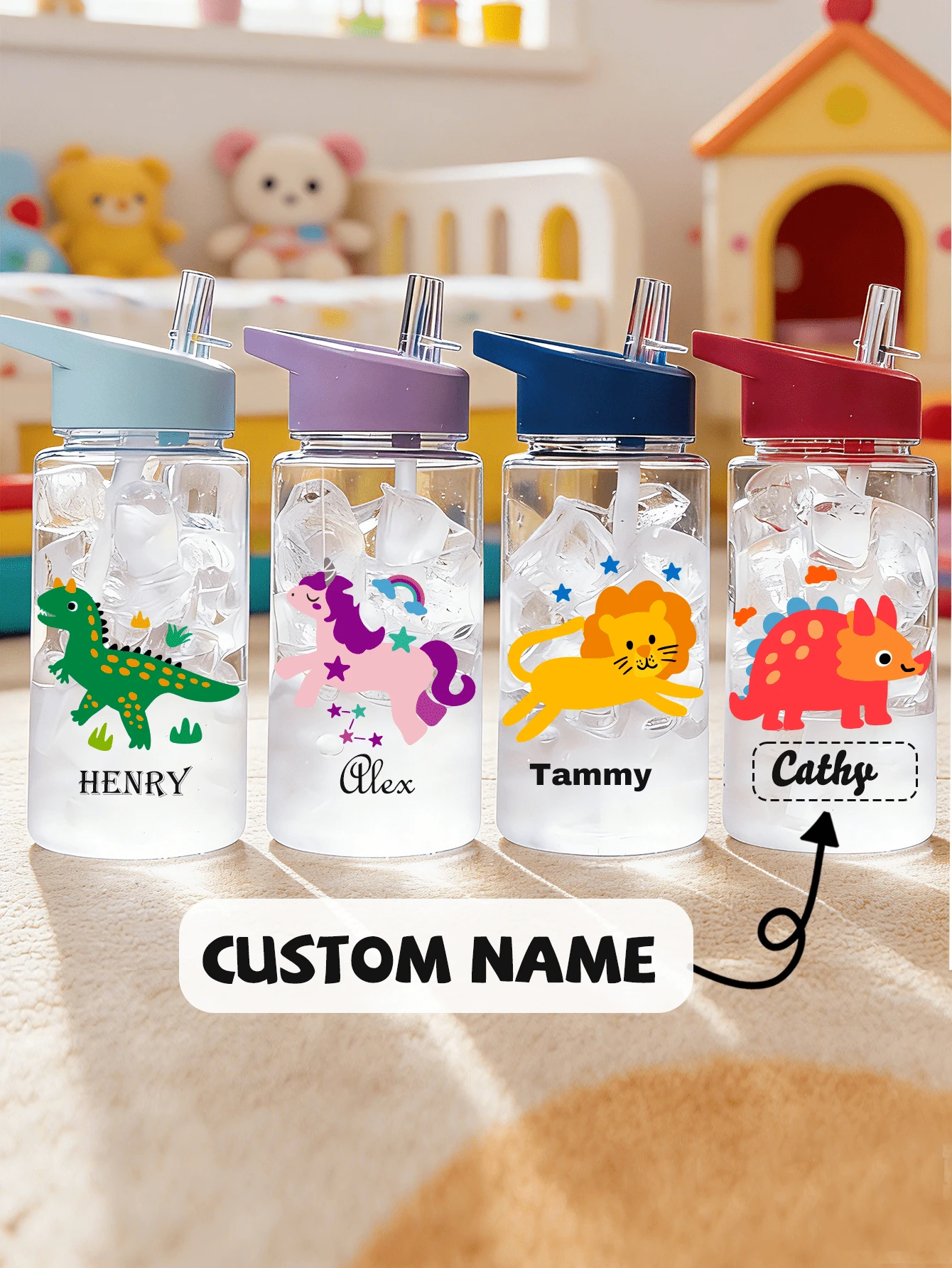 Customizable Name 500ml Water Bottle With Straw, Outdoor Sports Water Bottle, Cartoon Student Cup, Birthday Gift - Clear - View 1
