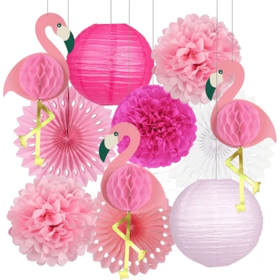 Tropical Party Decorations - Pink Flamingo Party Supplies, Pom Pom Flowers, Paper Fans, Paper Lanterns, Hawaiian Summer Beach Luau Party