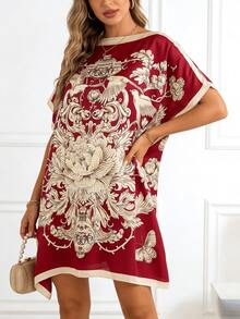 1 chiếc áo kimono kiểu cung điện màu đỏ tía in hoa bằng vải chiffon, tay áo cánh dơi rộng rãi, áo khoác ngoài đi biển, váy kimono đi nghỉ mát sang trọng in hoa mẫu đơn kiểu cổ điển, đồ dùng cần thiết khi đi du lịch, khăn tắm biển. - Nhiều màu - Xem 2
