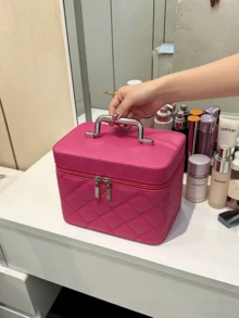 Multi-Color Mirror With Makeup Brush Storage, Rhombus Embroidered Pattern, Luxury Cosmetic Bag, All-In-One Portable Handheld Vanity Case, Bathroom Organizer, Boho Style Makeup Bag, Suitable For Vacation, Beach, Bathroom, Bedroom, Large Capacity - Multicolor - View 16