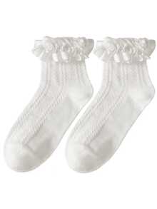 1/2/3/6 pares de calcetines de media caña versátiles y dulces con adornos de encaje, trenzados y lazos estilo Lolita - Multicolor - Ver 13