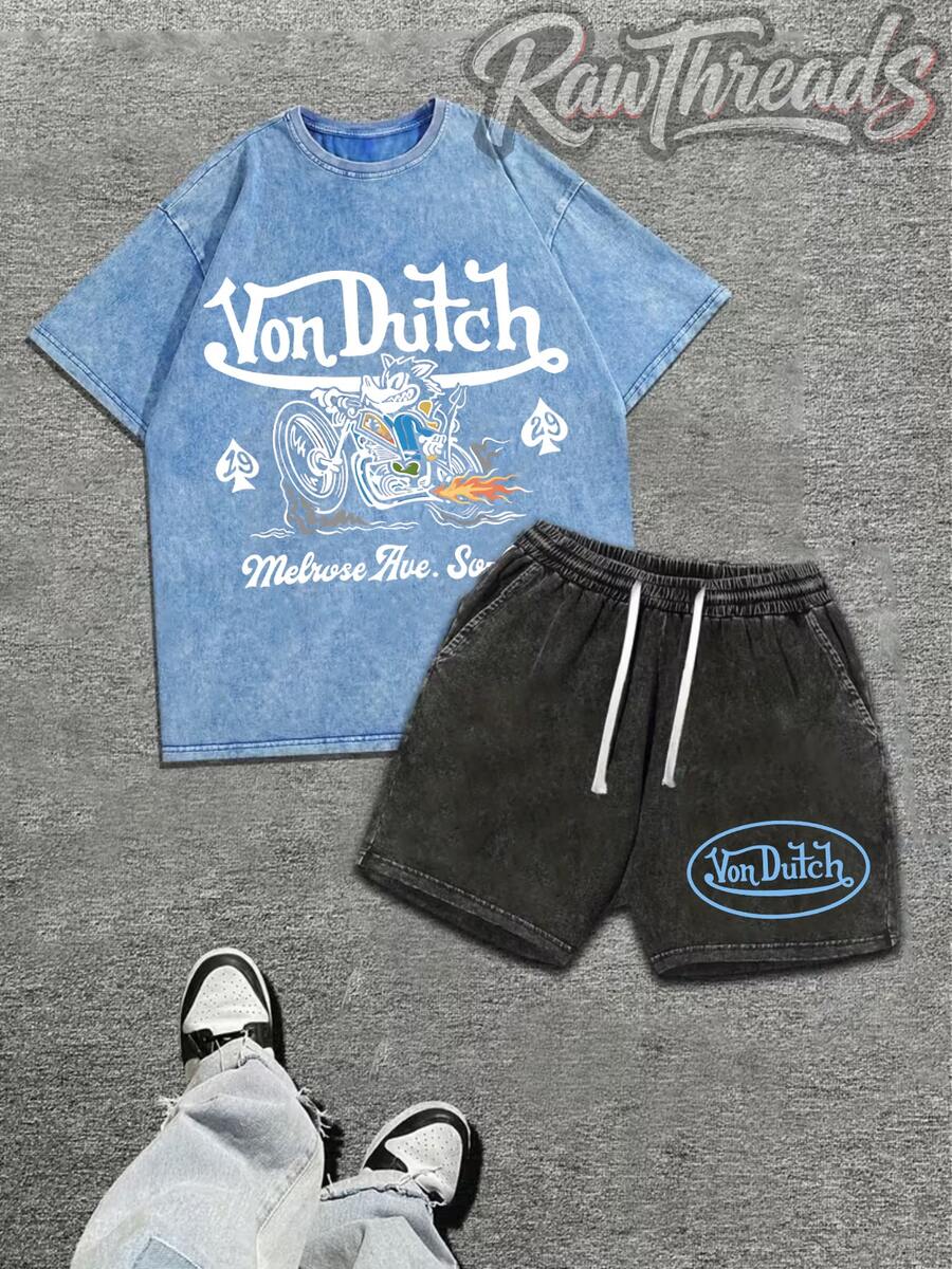 Mens Creative T-Shirt And Shorts Set Vintage Streetwear Style Vonn Dutchh Motorcycle Graphic And Text Metrose Ave So Cal Print Set Ideal For Daily Wear Family Gatherings Summer Trips And Festive Occasions - 藍色 - 查看 1