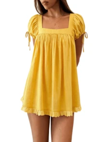 Women Puff Sleeve Babydoll Mini Dress Y2K Lace Trim Ruffle Flowy Dresses Summer Loose Swing Going Out Sundresses - 芥末黃 - 查看 2