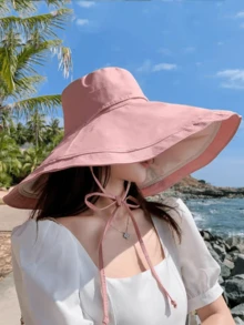1pc Contrast Color Casual Polyester Other UV Protection 16.5cm Wide Brim Sun Hat Women's Sun Protection UV Protection Bucket Hat Summer 2026 New Reversible Extra Wide Brim Hat Face Covering Sun Hat Spring/Summer - A - View 5