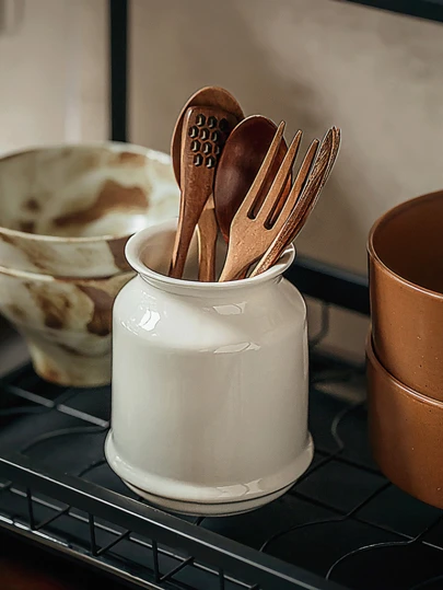 1PC Resin Tableware Storage Jar, Japanese Style White Storage Jar, Suitable For Kitchen Tableware, Chopstick Holder, Kitchen Countertop Resin Kitchen Utensil Rack, Large Kitchen Tool Rack, Spatula Storage Jar, Pen Holder.