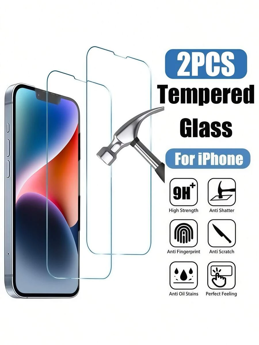 Yezodawee 2-Pack 9H Hardness Tempered Glass Screen Protector For IPhone 15 Pro Max/15 Pro/15 Plus/16 Pro Max/16/16e/16 Pro/16 Plus/14 Pro Max/14/14 Pro/14 Plus/13 Pro Max/13/13 Pro/12/11/XR - Clear - View 1