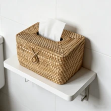 1pc Square Rattan Tissue Box Cover, Hand Woven Wicker Tissue Holder, Rattan Woven Storage Tissue Holder, Desktop Tissue Box Organizer, Home Office Desk Decoration - Brown - View 9