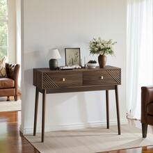 Desk, Mid-Century Modern Console Table With Drawers, Retro Reception Table With Open Shelves, Modern Coffee Table For Living Room, Foyer And Hallway - Walnut - View 3